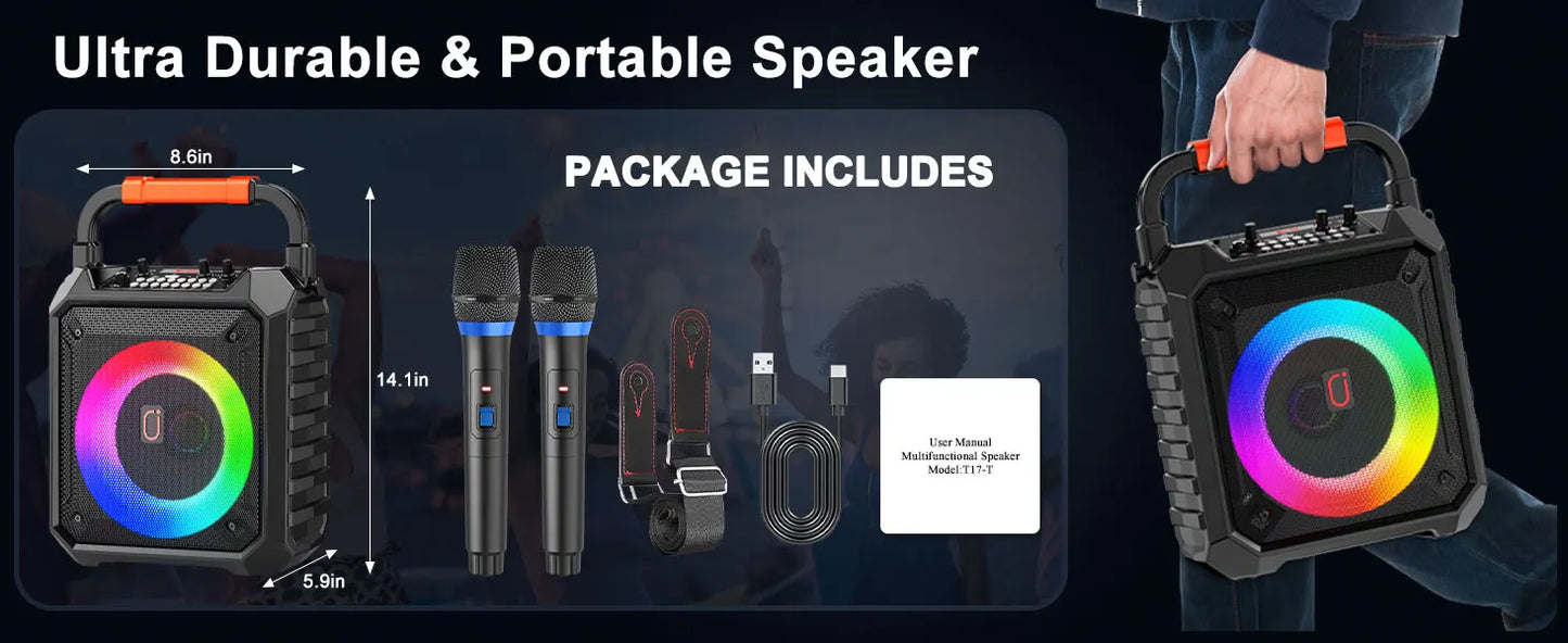 Karaoke Machine with 2 Wireless Microphones, Portable Speaker with LED Lights for Kids and Adults, Supports Bluetooth/USB/TF/AUX