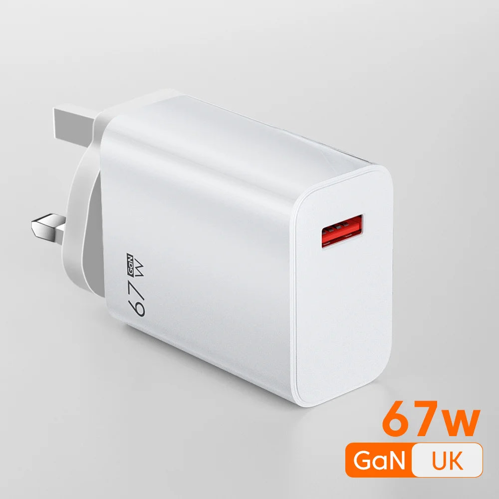 Total 67W USB GaN Charger Fast Charging Wall Phone Adapter 6A USB to TypeC Cable Quick Charge 3.0 Plug For iPhone Samsung Xiaomi
