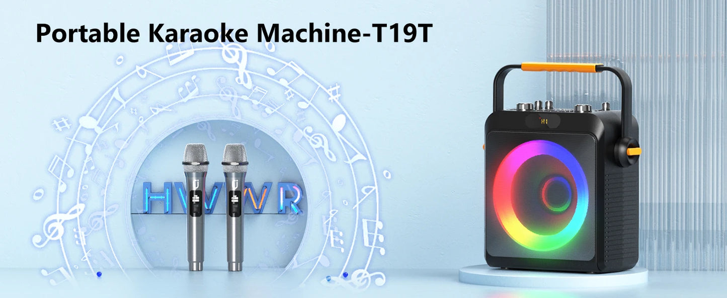 Karaoke Machine with 2 Wireless Microphones, Portable Speaker with LED Lights for Kids and Adults, Supports Bluetooth/USB/TF/AUX