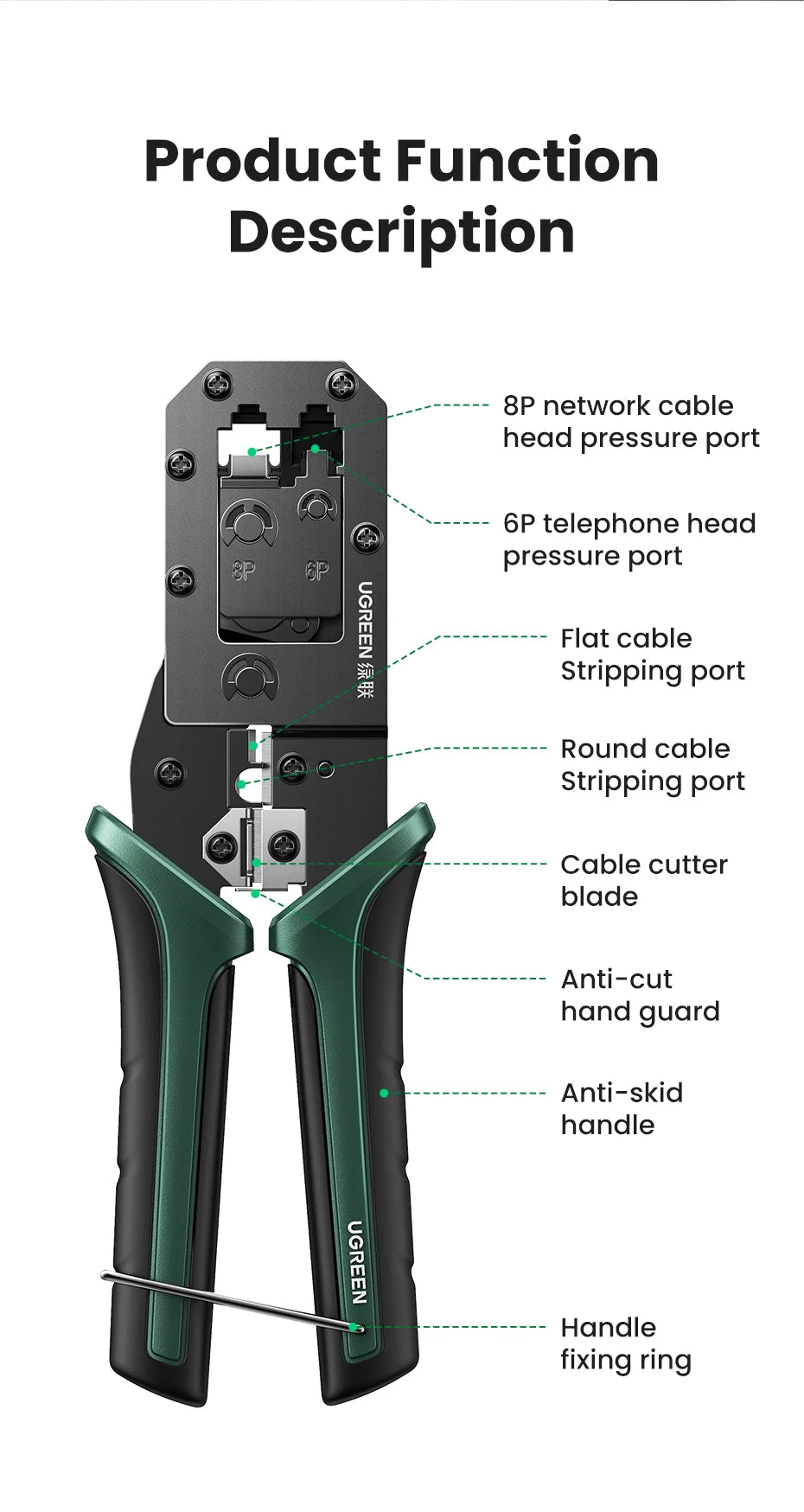 UGREEN RJ45 Crimper Tools RJ45 Crimping Pliers for CAT6/7 Ethernet Lan Cable Network Cutter Stripper Plier Multifuntion Tool