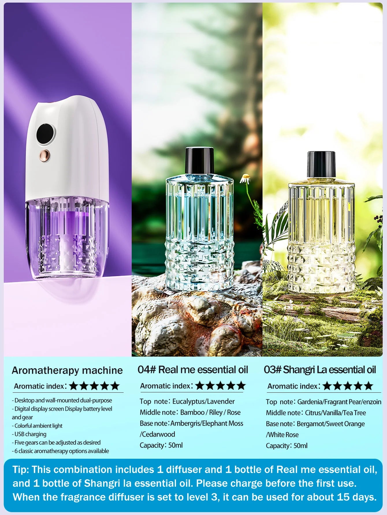 Multifunctional rechargeable portable essential oil diffuser Multiple aroma aromatherapy essential oils can be used in home cars