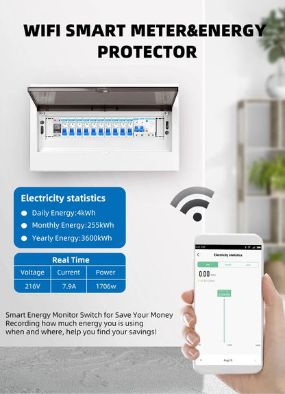 63A TUYA  WiFi Smart Earth Leakage Over Under Voltage Protector Relay Device Switch Breaker Energy Power kWh Meter Smart Life