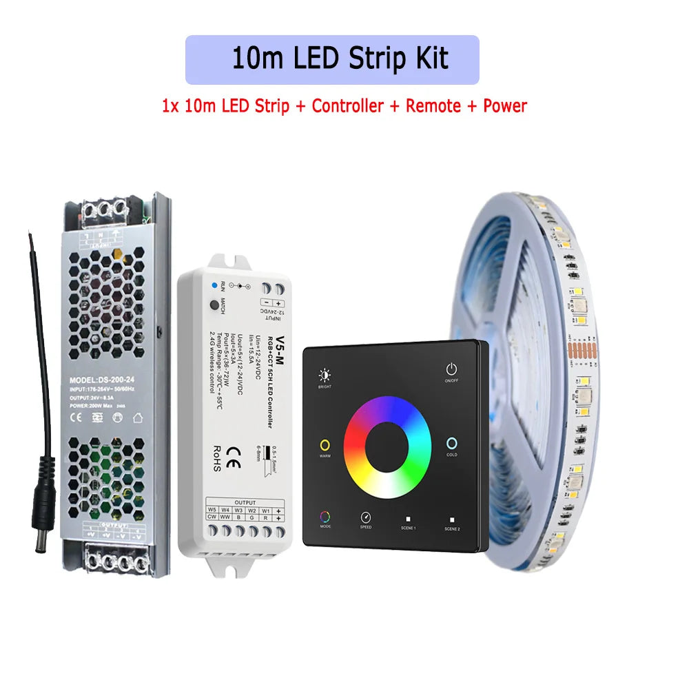 5m 10m 20m RGB+CCT LED Strip 24V 5050 Colorful+Dual White Flexible Dimmable Room Decor Party Light 2.4G RF Touch Panel Remote