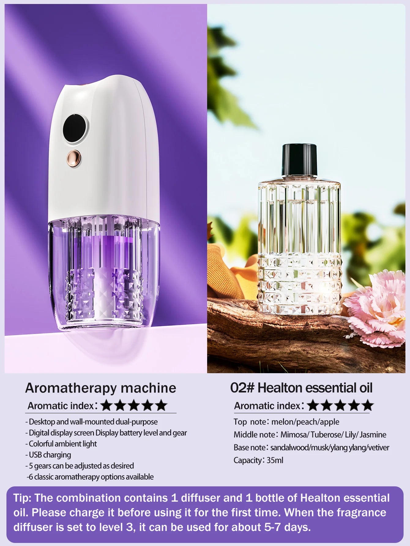 Multifunctional rechargeable portable essential oil diffuser Multiple aroma aromatherapy essential oils can be used in home cars