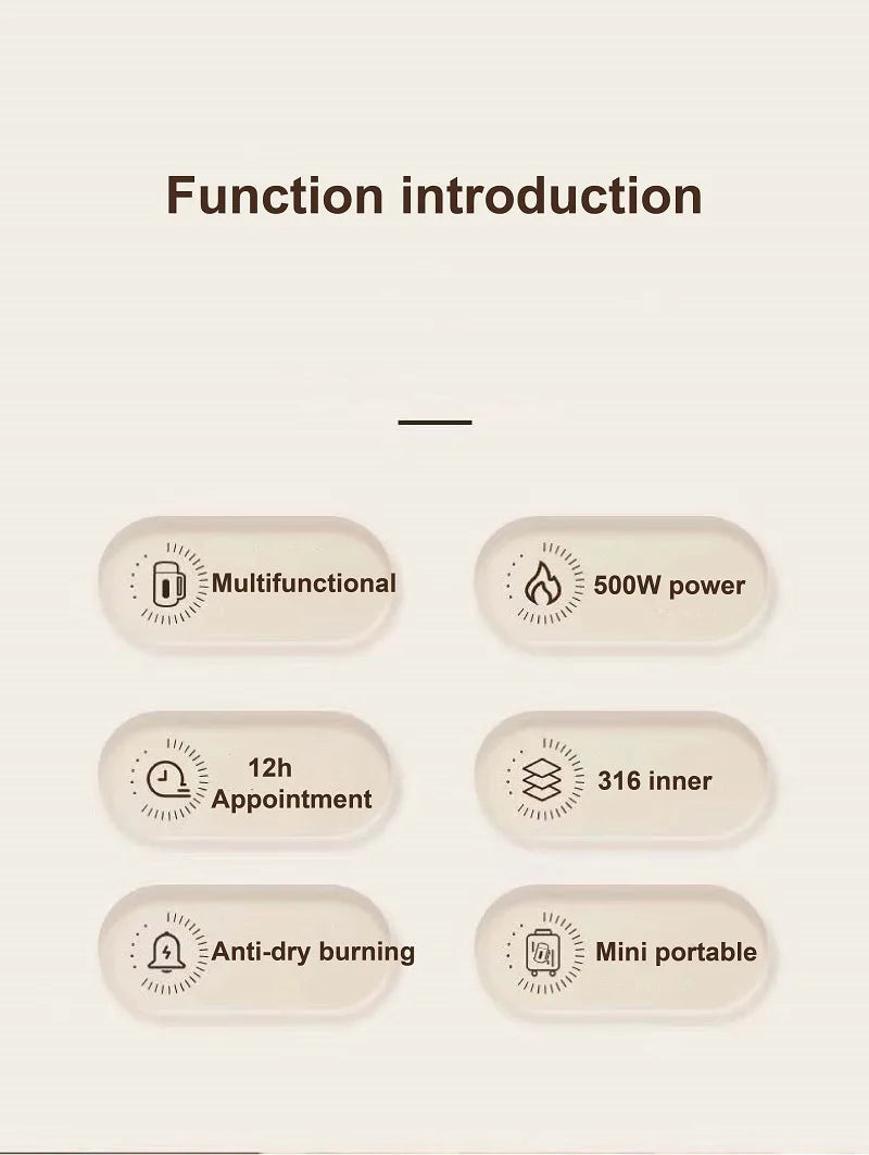 500W Electric Kettle 12h Appointment Porridge Special Pot Portable 304 Stainless Steel Health Cup Multifunctional Rice Cooker 1L