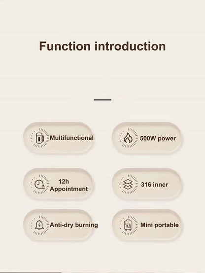 500W Electric Kettle 12h Appointment Porridge Special Pot Portable 304 Stainless Steel Health Cup Multifunctional Rice Cooker 1L