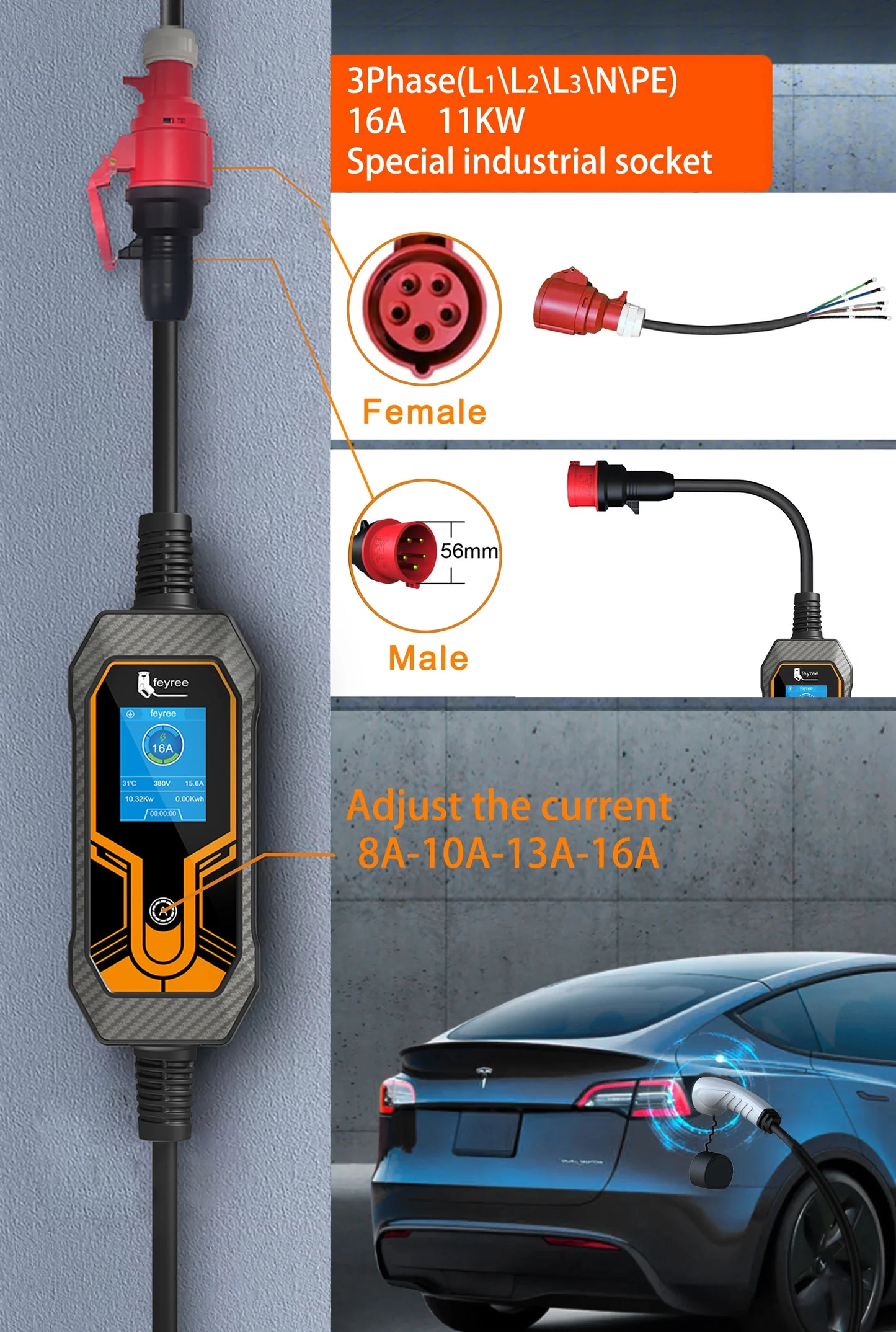 feyree 11KW Type2 Cable 16A 3Phase EV Portable Charger 32A 7KW EVSE Charging Box 5M Cable CEE Male Plug for Electric Car Charger
