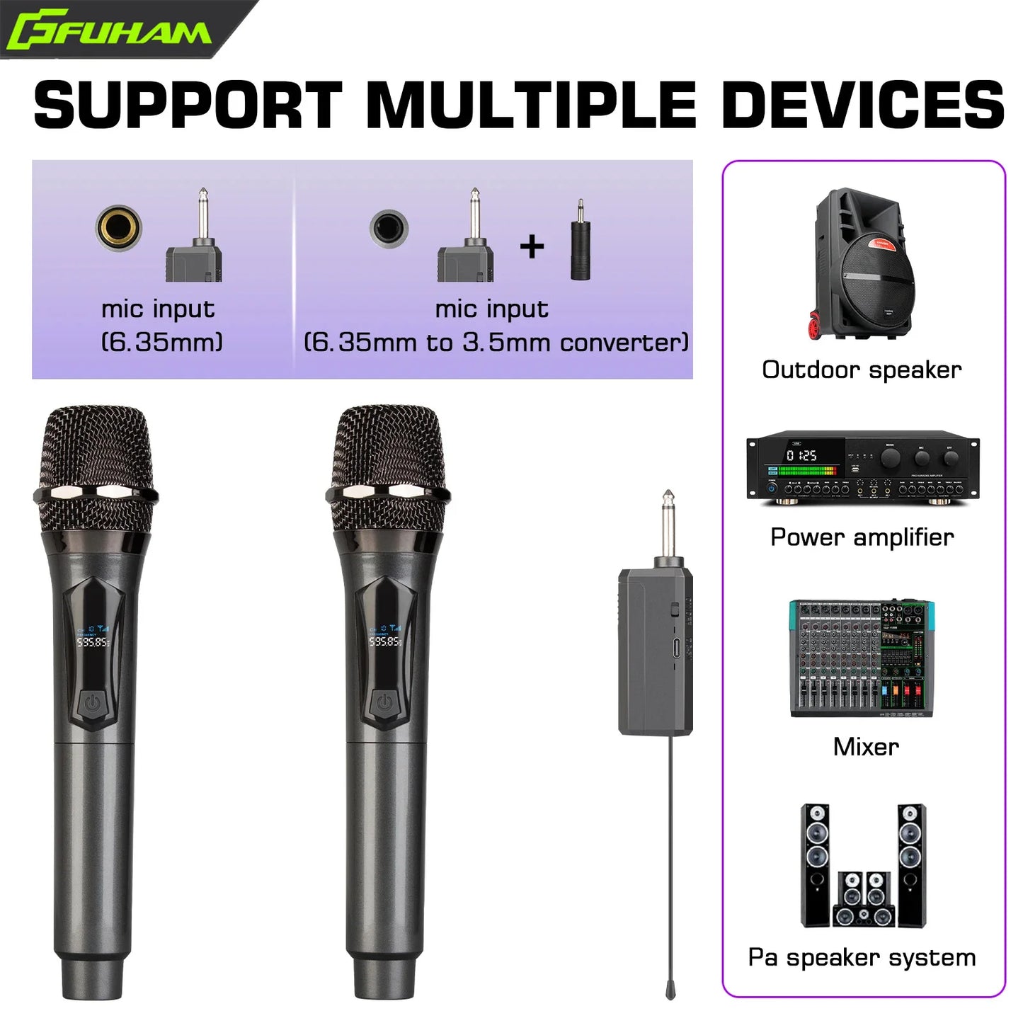 Wireless Microphone 2.4G 2 Channels UHF Handheld Microphone Rechargeable Microphone for Karaoke, Live, Wedding, Party, Meeting