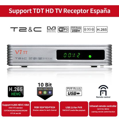 GTMEDIA V7 TT Ground Signal Receiver，1080P Full HD DVB-T/T2/DVB-C Signal TV Box With USB WIFI Decoder Support H.265 HEVC 10bit F