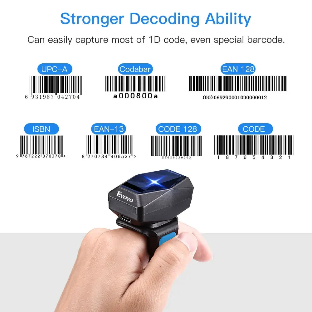 Eyoyo EY-016 Finger Ring Barcode Scanner Mini Wearable 3-in-1 USB Wired & 2.4G Wireless QR Reader for Store Warehouse Scanning