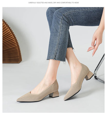 2025 New Women's High Heels Large 42/43 Fashion Pointed Anti slip Rubber Bottom Knitted Breathable Shoes