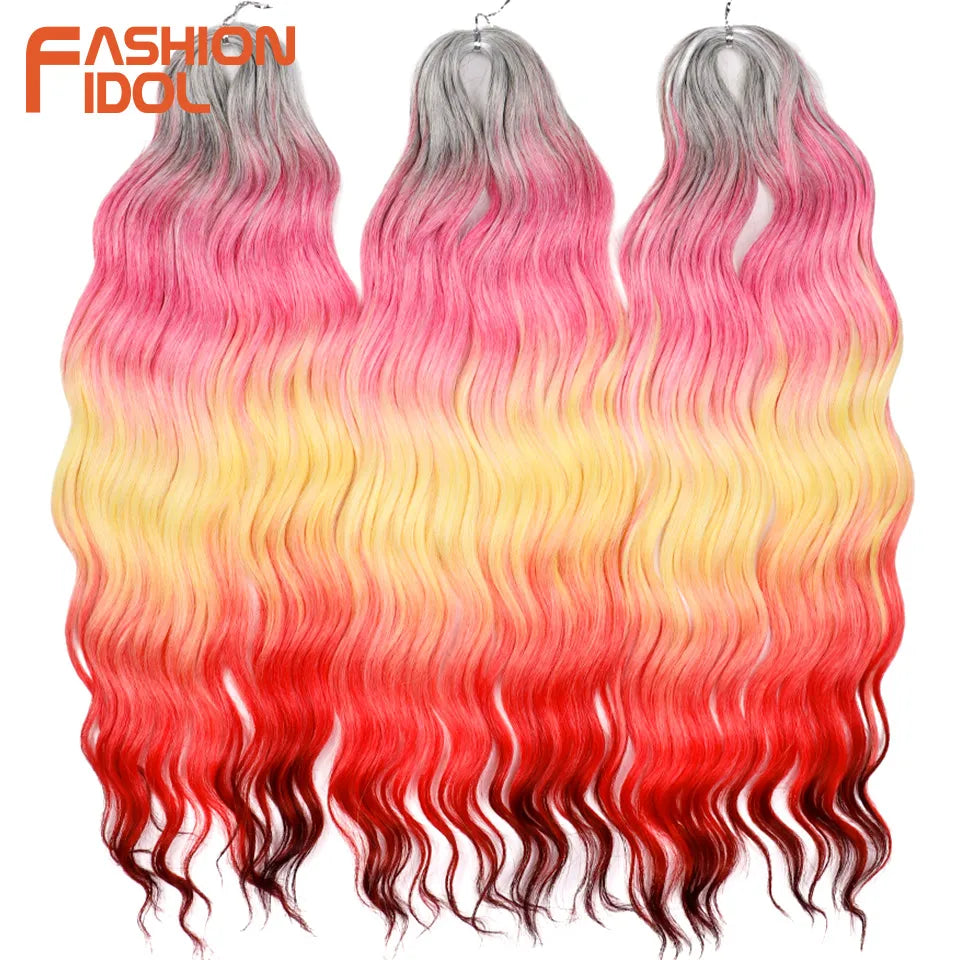 FASHION IDOL 24Inch Crochet Hair Synthetic Water Wave Braiding Hair Extensions Ombre Rainbow color Fake Hair Deep Wave Curl Hair