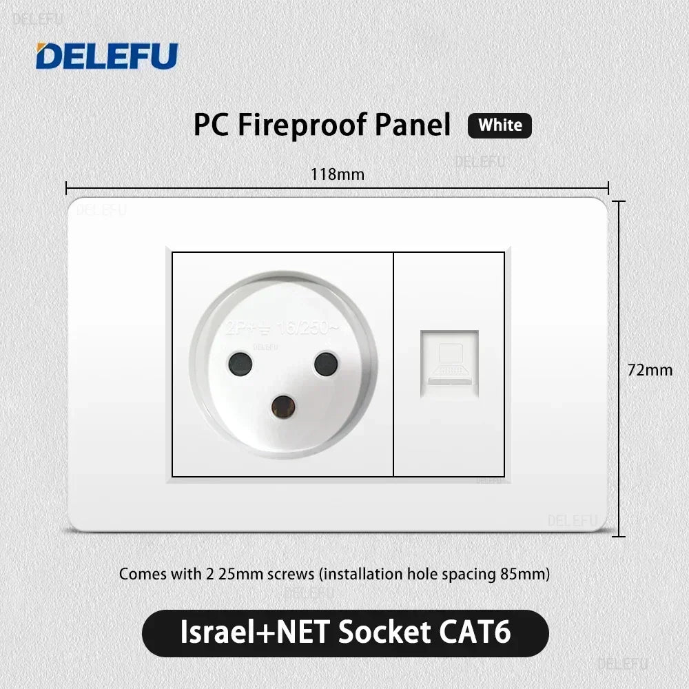 DELEFU White Retardant PC Israel USB Type C Fast Charging Wall Socket Light Tuya Wifi Smart Switch Sat TV Tel Doorbell Curtain