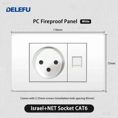 DELEFU White Retardant PC Israel USB Type C Fast Charging Wall Socket Light Tuya Wifi Smart Switch Sat TV Tel Doorbell Curtain