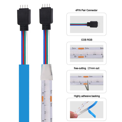 5V USB RGB COB LED Strip Light Bluetooth APP Control Music Sync 576LEDs/m High Density Flexible Ribbon RGB Tape TV Backlight