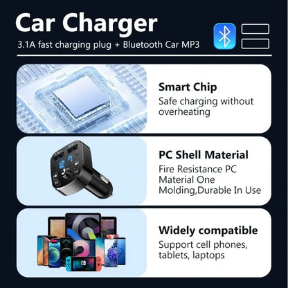 XIKCU LED MP3 Bluetooth FM Audio Receiver Hands-Free Bluetooth 5.0 Transmitter 2.1A 3.1A QC3.0 Type C Dual USB Car kit Charger