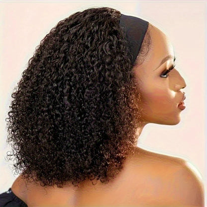 200% Density Human Hair Wig Short Headband Bob Wig Natural Black Short Curly Bob Cut Glueless Kinky Curly Headband Wig