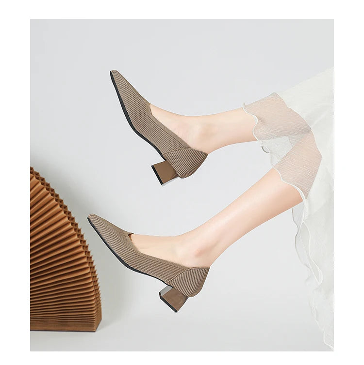 2025 New Women's High Heels Large 42/43 Fashion Pointed Anti slip Rubber Bottom Knitted Breathable Shoes