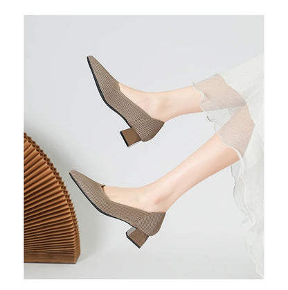 2025 New Women's High Heels Large 42/43 Fashion Pointed Anti slip Rubber Bottom Knitted Breathable Shoes