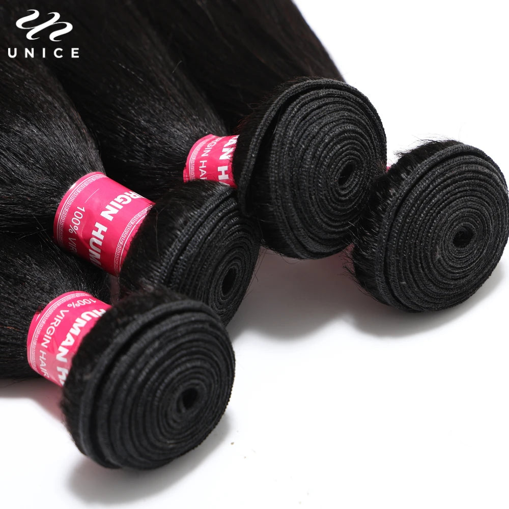 Unice Hair Yaki Straight Hair Bundles 1/3/4 PCS Bundles 100% Human Hair Sew In Quick Weaves Hair Extensions 100G Per Bundle