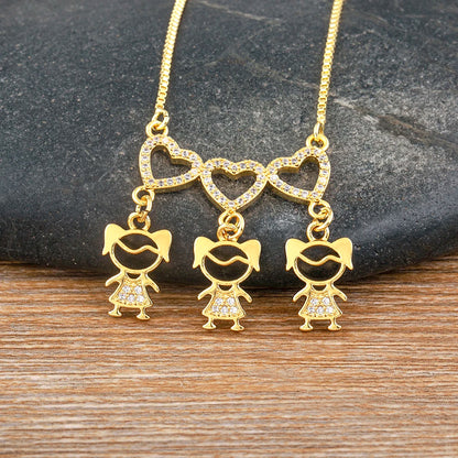 Nidin Exquisite Gold Plated Mom Daughter Necklace Girl Boy Pendant Chain Choker Cubic Zirconia Jewelry Mother's Day Gift