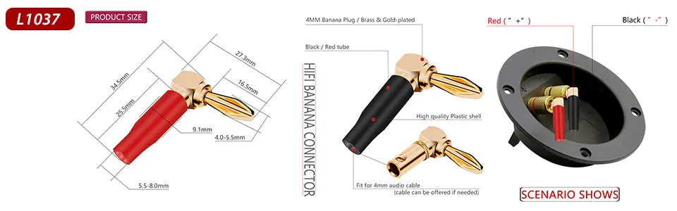 20pcs/10pairs BANANA PLUGS 24K Gold-plated 4MM Banana Connector with Screw Lock For Audio Jack Speaker Plugs Black&Red