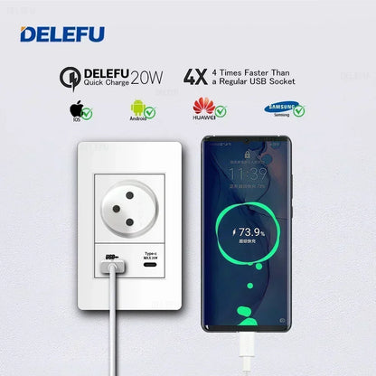DELEFU White Retardant PC Israel USB Type C Fast Charging Wall Socket Light Tuya Wifi Smart Switch Sat TV Tel Doorbell Curtain