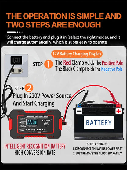 EAFC 12V 6A Full Automatic Car Battery Charger Digital Display Battery Charger Power Puls Repair Chargers Wet Dry Lead Acid