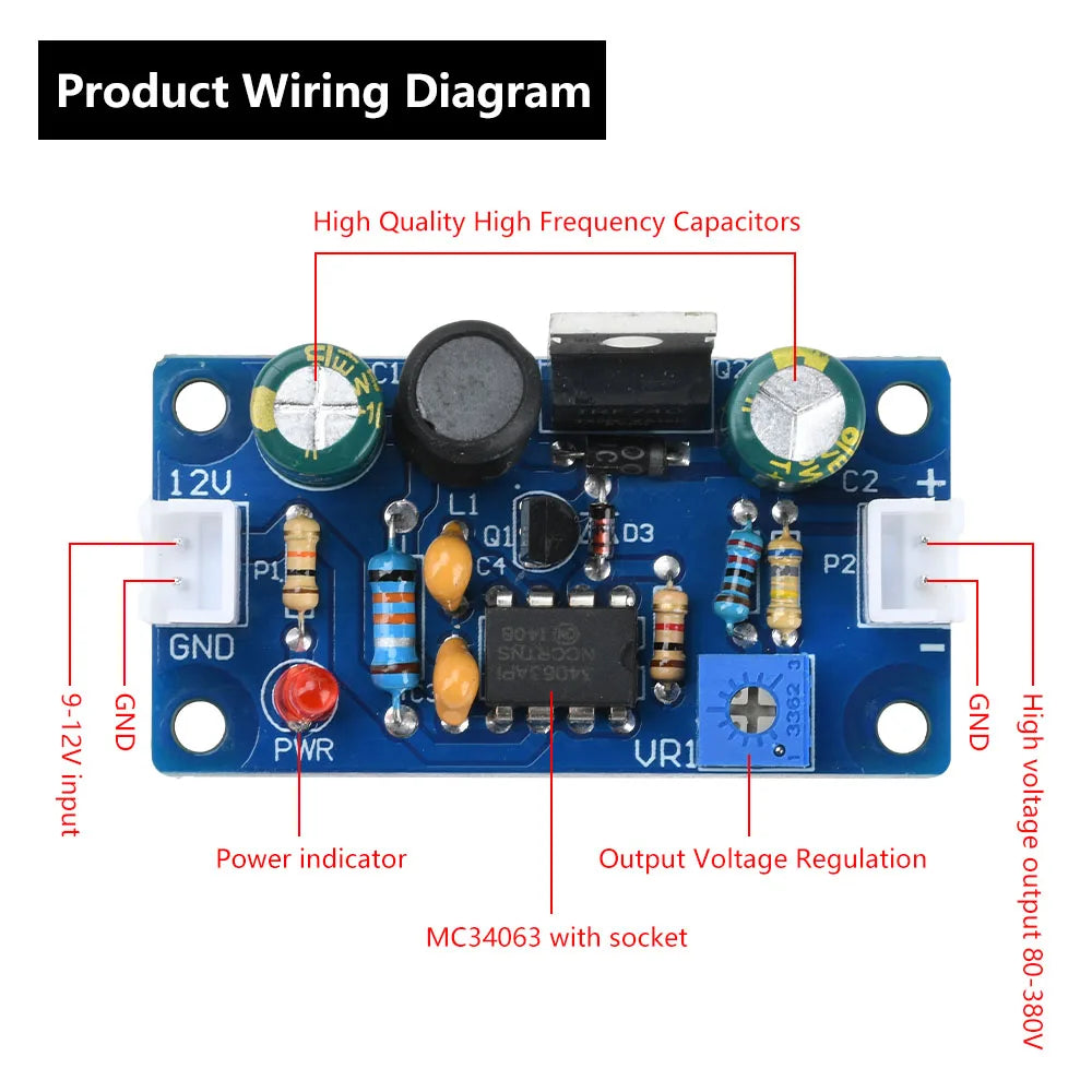MC34063 Nixie Tube Booster DC 9-12V TO 80-380V 160V 170V Boost Converter High Voltage Power 6E2 6E1 6E5 Glow Clock Magic Eye