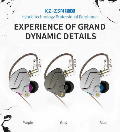 KZ ZSN PRO Earphones 1DD+1BA Hybrid Drive HIFI Bass Earbud Replaceable Cable