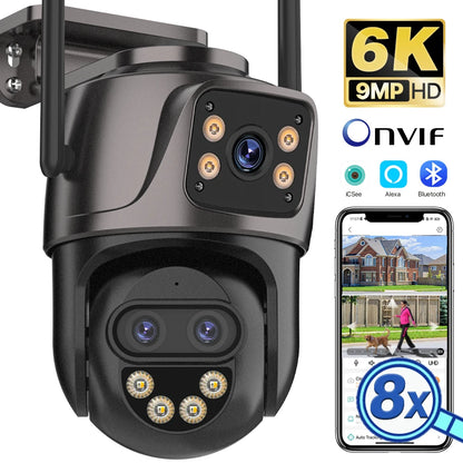 6K 9MP HD IP Camera Outdoor Three-Lens External WiFi Camera 4K/2K Dual Screen Security PTZ Cam Auto Tracking Surveillance iCSee