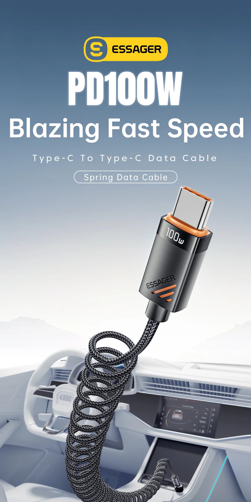 Essager Car Spring Type C Cable  For iPhone 16 15 Xiaomi Samsung 100W PD Fast Charging For Macbook iPad Type C to Type C Cable