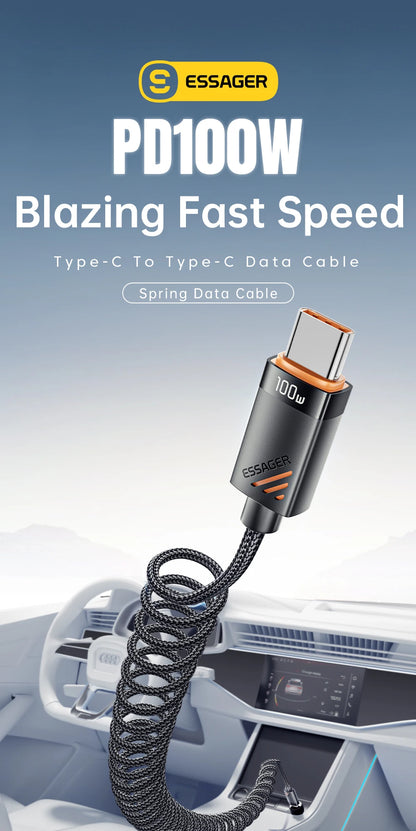 Essager Car Spring Type C Cable  For iPhone 16 15 Xiaomi Samsung 100W PD Fast Charging For Macbook iPad Type C to Type C Cable