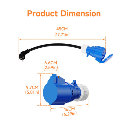 AFEEV EV Charger CEE Female Plug 3 Pins Bule CEE to Schuko Adapter Wall Socket Extend Cable Connect with 7KW 32A 1Phase Charger