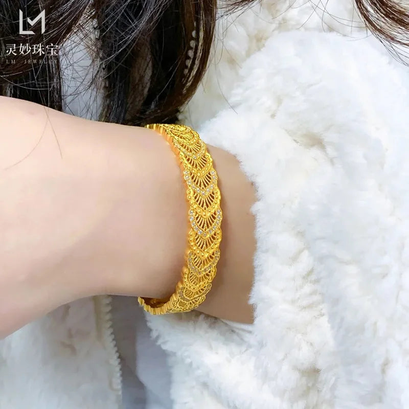 9999 24K real gold phoenix feather silk hollow bracelet wide-face open buckle to send girlfriend gifts to mother on Mother's Day