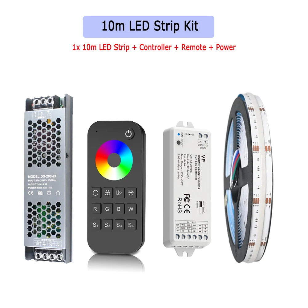 5M 10M 20M COB RGBW RGBWW LED Strip 24V Flexible Color Changing Dimmable Room Liner Light Home Decor 2.4G RF Remote Control Kit