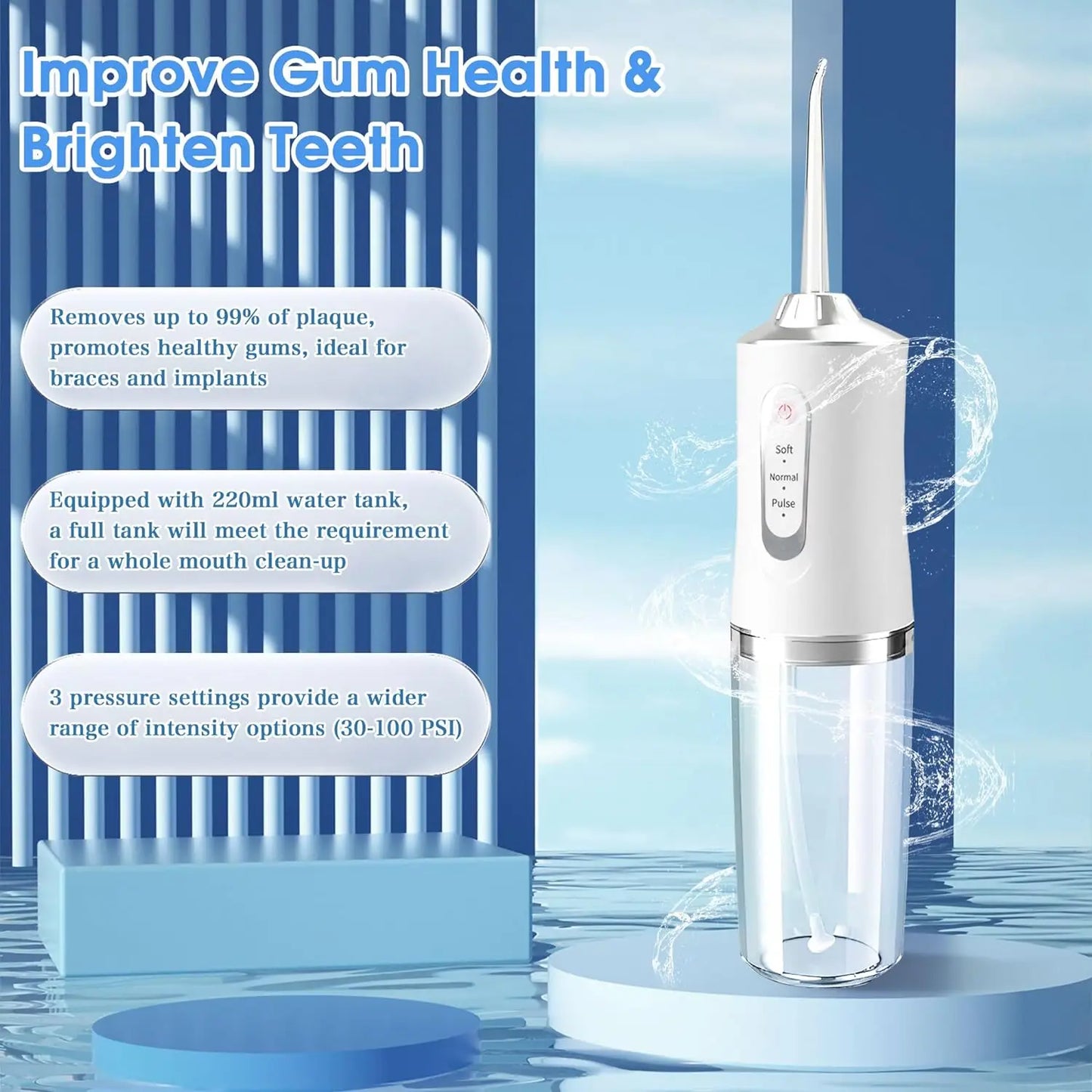 Portable Cordless dental water flossers,Professional Electric Oral Irrigator tooth cleaner 3 Modes & Water Drill,IPX7 Waterproof