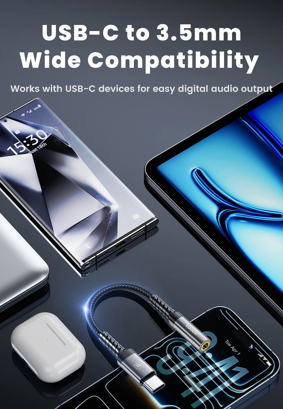 Toocki iP/USB Type C to 3.5mm Jack HiFi Audio Dongle Cable Adapter Male to Female Headphone AUX Converter for Xiaomi POCO iPhone