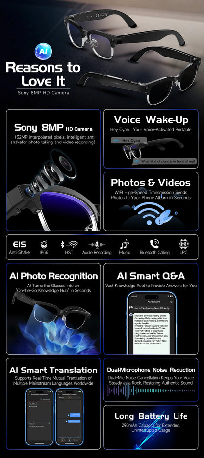 2026New 800W Pixel Camera Smart Glasses Men Video Recording AI Photo Recognition Bluetooth Call Voice Translation Sunglasses Man