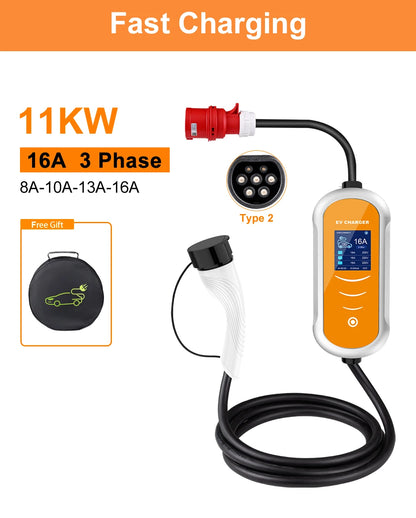 Type 2 Portable EV Charger Appointment time 11KW 16A 3 Phase EVSE Charging Box Cable CEE Plug for Electric Vehicle Car