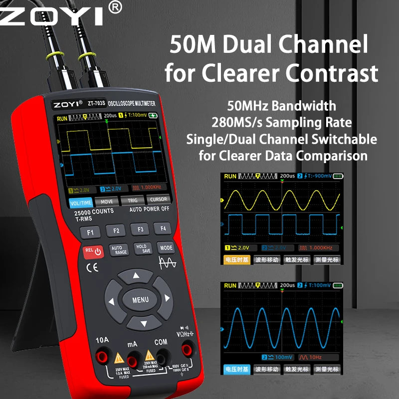 OYI ZT703S 3in1 Digital Multimeter 50MHz Bandwidth 280MS Rate PC Waveform Data Storage Dual Oscilloscope Signal Generator