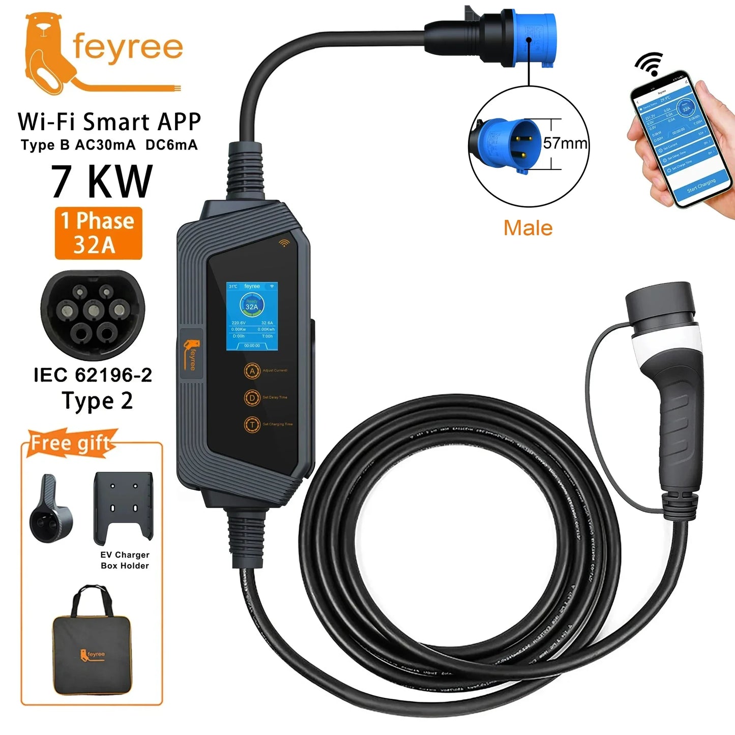feyree Type2 / Type1 / GBT / TS-NACS Socket 32A 7KW 1 Phase Smart APP Wi-Fi Control for Home & Outdoor Use