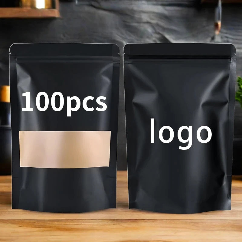 100pcs custom logo Wholesale Black Kraft Paper Stand up Pouch with Window Reusable Food Packaging Zip Lock Bag