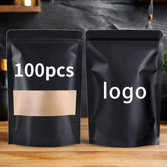 100pcs custom logo Wholesale Black Kraft Paper Stand up Pouch with Window Reusable Food Packaging Zip Lock Bag