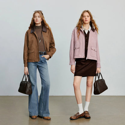 TOYOUTH Women Jacket coat 2025 Autumn New Vingtage Barn Style Suede Leather Patchwork Collar Jacket Brown