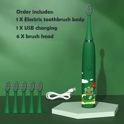 Children Electric Toothbrush Cartoon Kids With Replacement Head Ultrasonic  IPX7 Waterproof Rechargeable Sonic Toothbrush