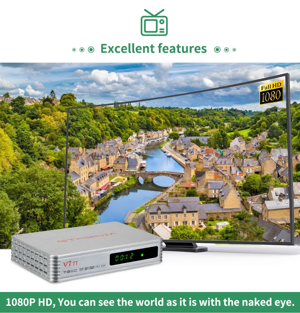 GTMEDIA V7 TT Ground Signal Receiver，1080P Full HD DVB-T/T2/DVB-C Signal TV Box With USB WIFI Decoder Support H.265 HEVC 10bit F