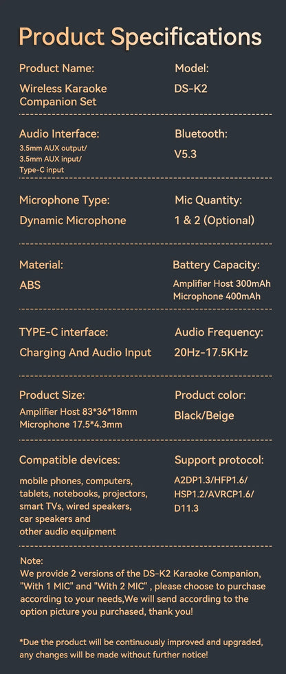 Wireless Car Microphone With Receiver Karaoke Companion 3.5MM AUX Stereo HIFI RGB Colorful Light Multi Sound Effect Mixer System