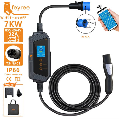 feyree Type2 / Type1 / GBT / TS-NACS Socket 32A 7KW 1 Phase Smart APP Wi-Fi Control for Home & Outdoor Use