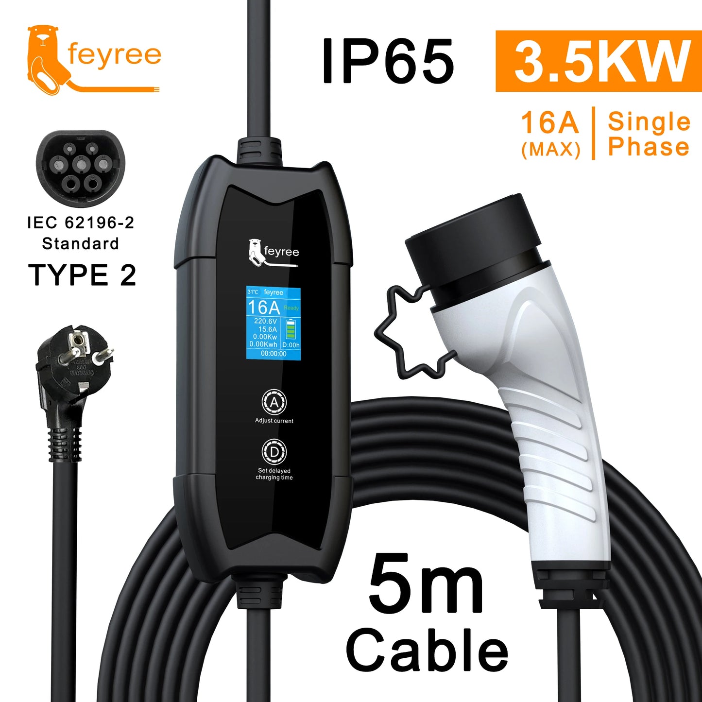 feyree EV Charger Type2 16A 3.5kW Portable Charging Box 5M Cable GBT Socket Type1 J1772 Adapter for Electric Vehicle Car Charger